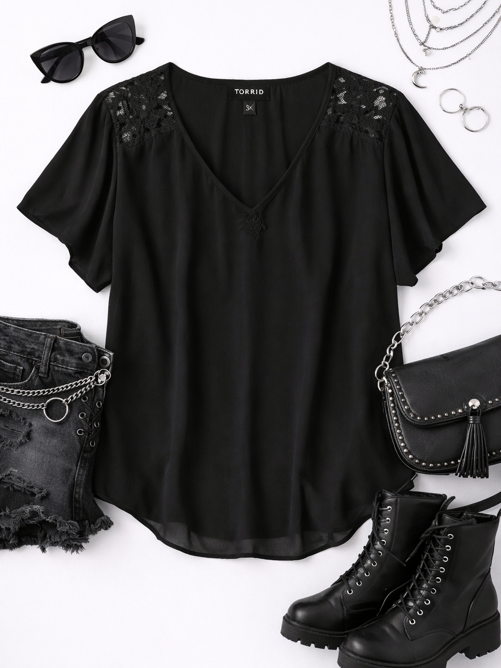 Torrid Black Lace Shoulder Blouse Flowy Soft Goth V Neck